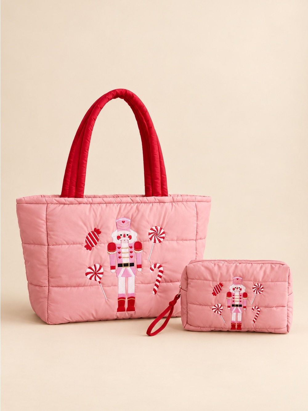 Pink Quilted Nutcracker Tote and Pouch Set